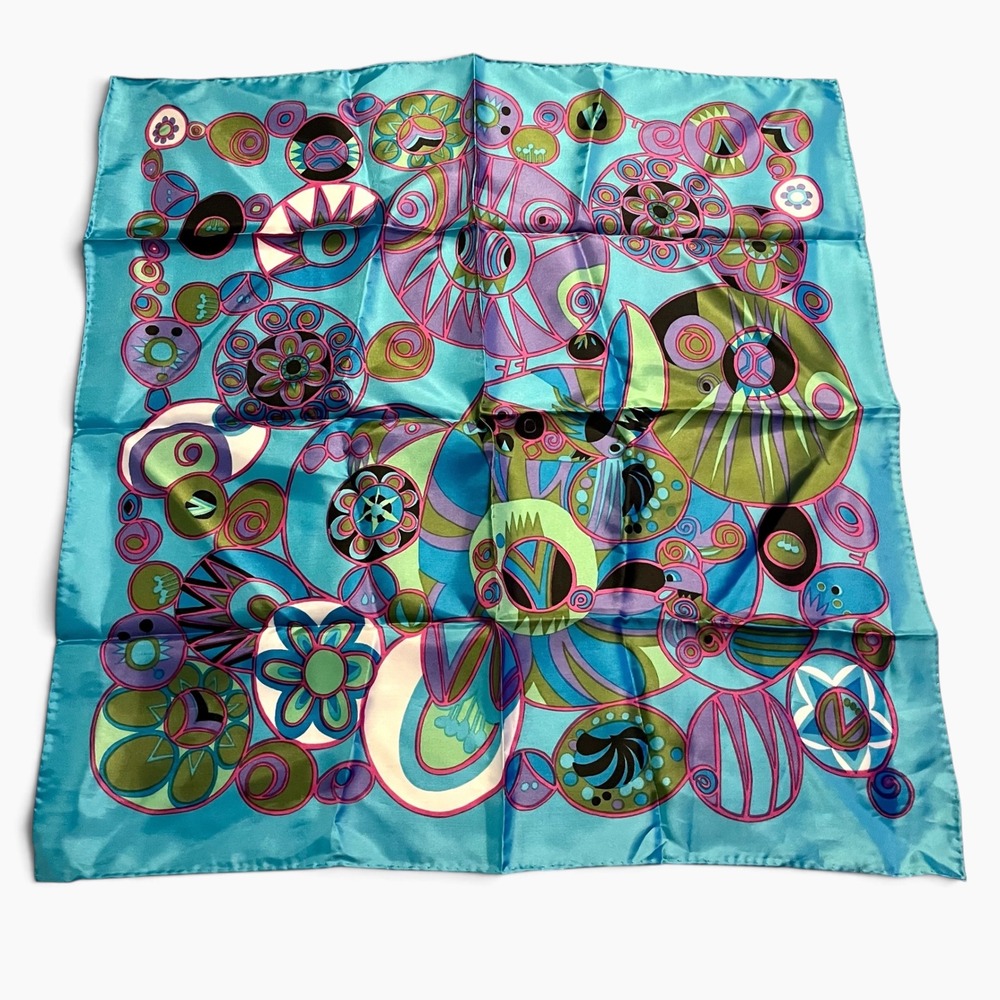 Sillook Vintage Psychedelic Mod Geometric Square Scarf Blue Pink Green